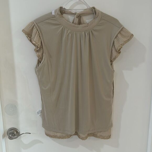 DR2 Champagne Gold matte sequin ruffle cap sleeve top  party holiday top S NWT - Picture 12 of 14
